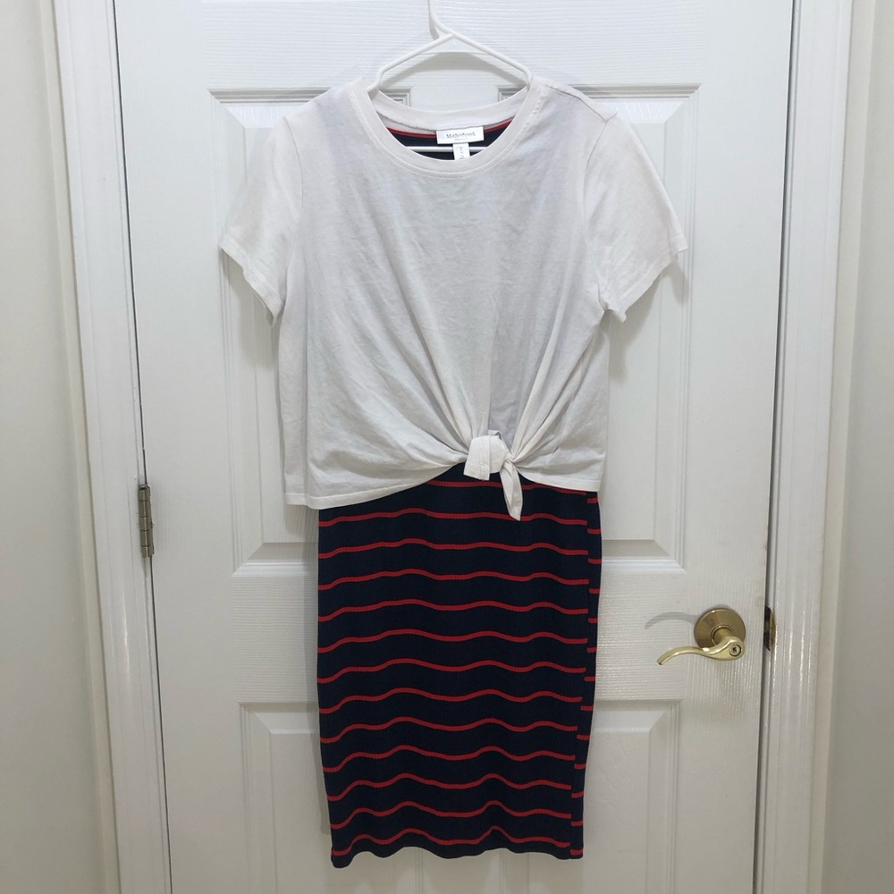 Motherhood Maternity Blue Red Stripped Dress. Size M